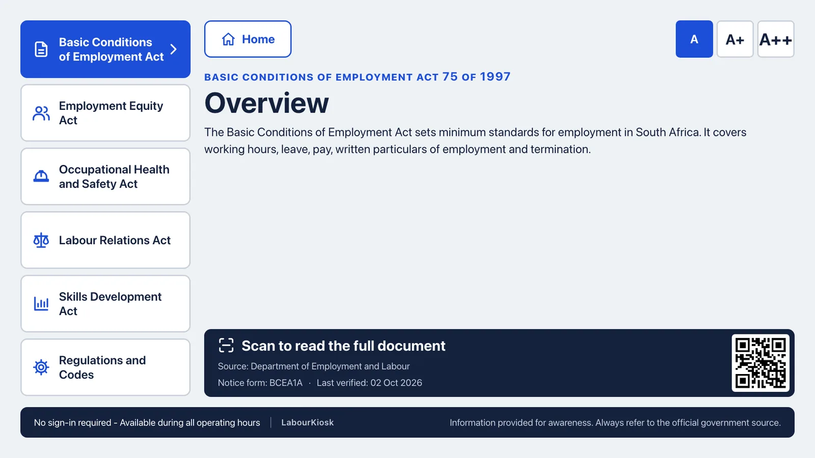 A LabourKiosk screen listing the Acts down the left, with an overview of one Act, its source, notice form and last verified date.